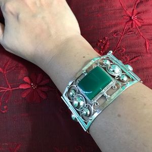 🎁 Vintage Silver 925 3-Panel Bracelet with Green Stones